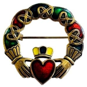 VTG Soldor Miracle Claddagh heart Pin Brooch Colorful enamel Designer round rare